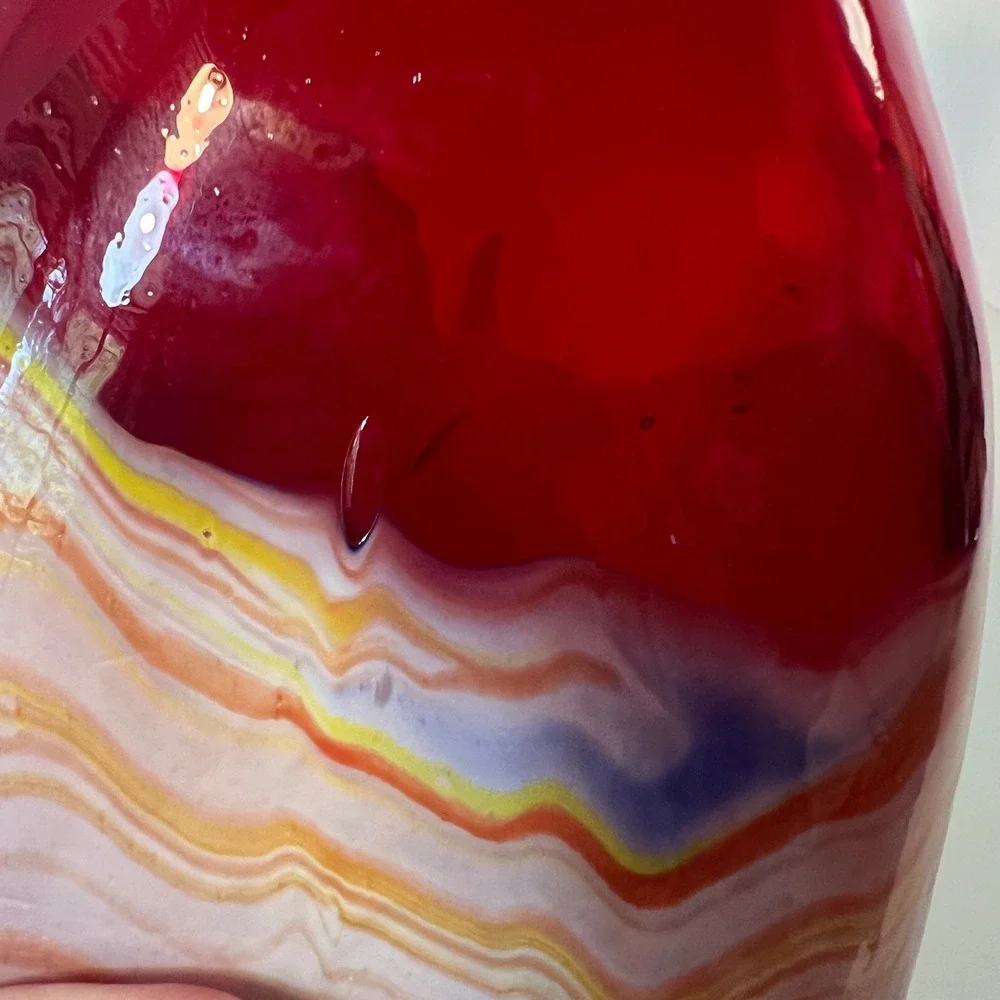 Red Hand Blown Art Glass Vase Long Neck Swirl Pattern Agate Style Decor 12